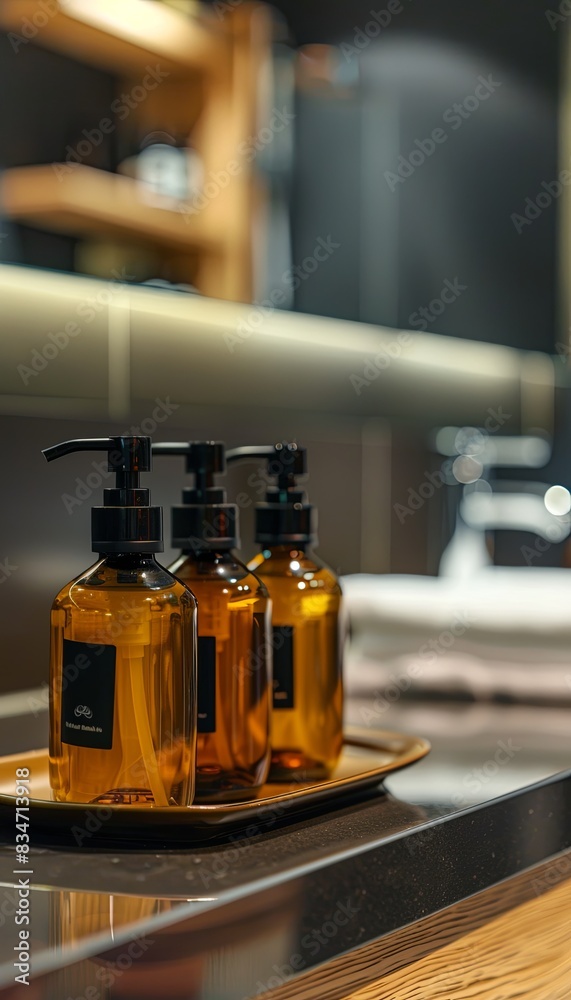Poster three amber bottles of shampoo and conditioner sit on a tray in a modern bathroom. generative ai