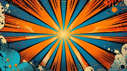 Superherothemed birthday card background, blank space, dynamic comic explosion, vibrant pop art design, bold orange and blue rays, retro comic