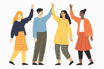 Team of business people celebrate success in work collaboration together, giving high five with joy. Unity and support between colleagues concept. Flat vector illustration isolated on white background