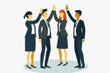 Team of business people celebrate success in work collaboration together, giving high five with joy. Unity and support between colleagues concept. Flat vector illustration isolated on white background