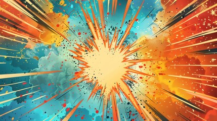 Superherothemed comic explosion background, blank space for birthday card, vibrant pop art design, dynamic orange and blue bursts, retro style