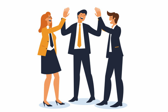 Team of business people celebrate success in work collaboration together, giving high five with joy. Unity and support between colleagues concept. Flat vector illustration isolated on white background