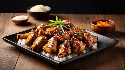 Fototapeta premium Sesame Seed Chicken with Accompaniments ? A Minimalist Culinary Delight