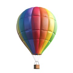 A colorful hot air balloon floats against a white background.  The balloon is a vibrant rainbow of colors.  It is a classic symbol of adventure and freedom.
