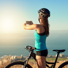 Woman, biker and outdoor with photography of view for travel blog, memory and social media post or...