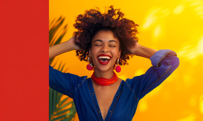 Joyful Afro Woman Celebrating Success with Raised Hands, Bright Yellow Background, Vibrant Colors, Happiness, Confidence, and Positive Energy