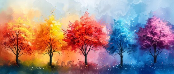 Watercolor spring bloom background, abstract tree silhouettes, vibrant colors, artistic expression, stark contrast