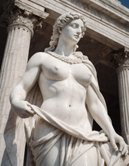 Una figura femminile romana scolpita in gesso bianco, con dettagli raffinati nei capelli e nell’abito.
