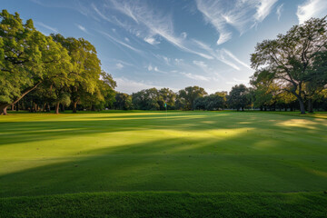Naklejka premium Wide angle view of a golf course with trees in the background 