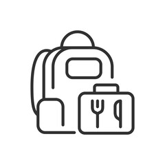 Lunch to take with to school, linear icon. Backpack and food container. Line with editable stroke