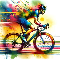 Fototapeta premium Watercolor image of a cyclist depicted in an abstract art style.