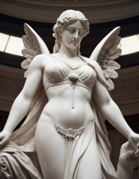 Maestosa statua in gesso bianco raffigura una figura femminile romana alata, con dettagli raffinati nel vestito e nelle ali. La scultura esprime forza e serenit&agrave;, con un'espressione nobile e serena