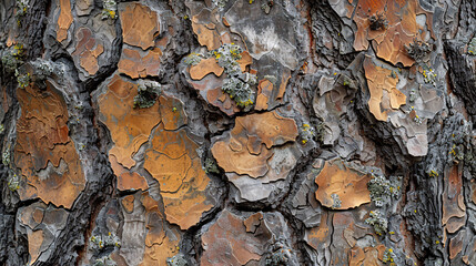 The bark of a tree is covered in moss and has a rough texture. The bark is brown and has a few...