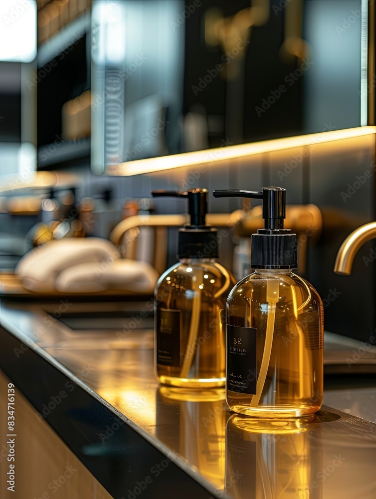 Aufkleber two elegant bottles of shampoo and conditioner rest on a sleek countertop in a modern bathroom. gene