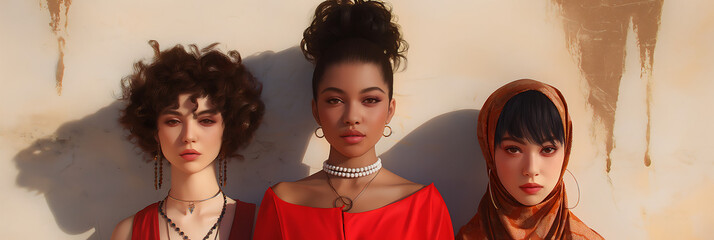Three women in elegant attire with diverse backgrounds cultural diversity portrait beautiful photograph rich textures vibrant colors ethnic beauty strong expressions contemporary art