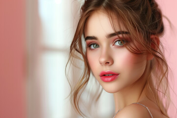 Attractive portrait of a confident, relaxed young woman with curly hair in a lifestyle setting.