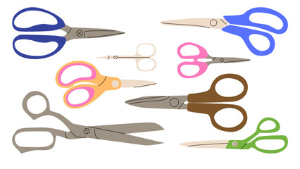 A set of scissors of different shapes and purposes. Manicure for nails, tailor's for making clothes, stationery for paper crafts and hobbies. Vector illustration isolated on transparent background.
