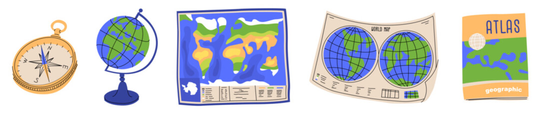 A set of objects for a geography lesson. Study of the environment and countries using maps and atlases. Attributes for a schoolchild. Vector illustration isolated on transparent background. © Larisa Vladimirova