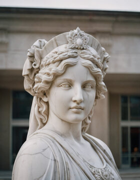 Una statua in gesso bianca che raffigura una matrona romana, con un volto sereno e dignitoso.
