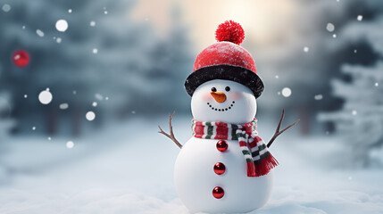 Christmas snowman on snowy winter day background, christmas holiday concept