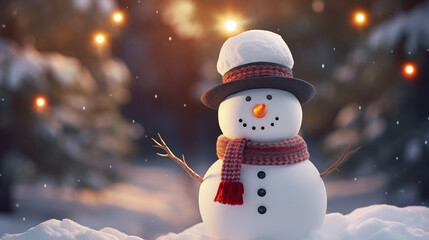 Obraz premium Christmas snowman on a snowy winter day background with bright lights, christmas holiday concept