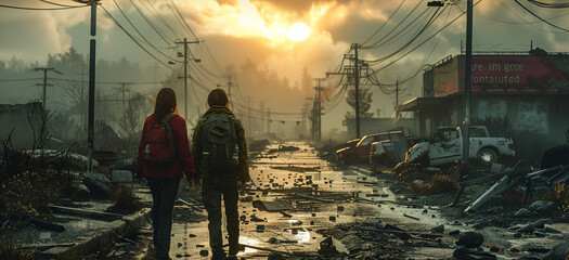 apocalyptic scenery, dystopian landscape and people wandering around