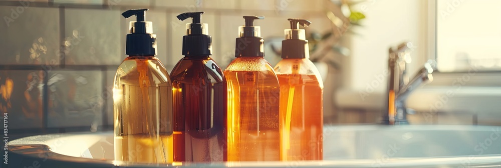 Poster close-up of four stylish bottles of shampoo and conditioner in a bathroom sink. generative ai