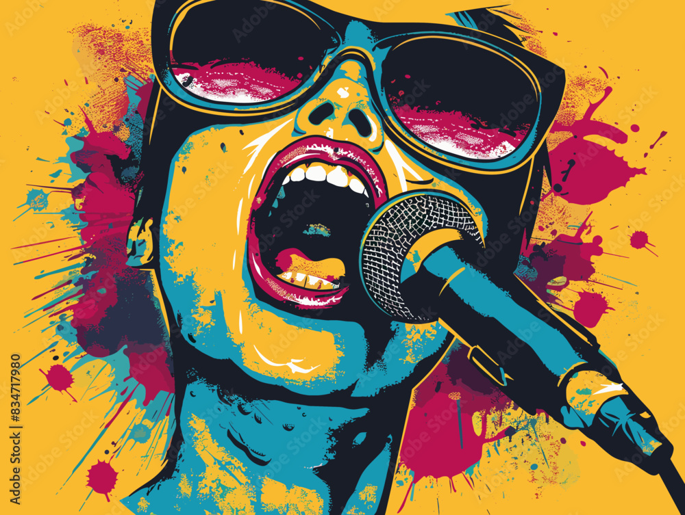 Wall mural vector illustration of a rock singer with microphone on grunge background.