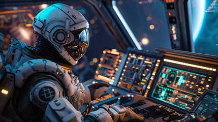 A man in a space suit is piloting a spaceship. The image has a futuristic and adventurous mood