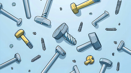 Fototapeta premium Detailed illustration showcasing a variety of screws and bolts scattered across a light blue background, highlighting different shapes and sizes of hardware