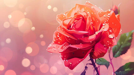 Detailed illustration of a vibrant red rose covered in dewdrops, set against a soft bokeh background in shades of pink and peach