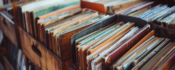 Obraz premium assorted vinyl records in a wooden crate, with the focus on the album covers.