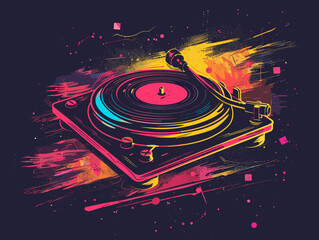 Turntable vinyl record player with colorful grunge splashes. Vector illustration.