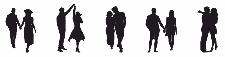 set of romantic couple in various poses silhouettes collection. Couple falling in love different poses isolated on white background silhouette set.