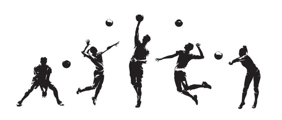 Group of volleyball players, men and women playing volleyball, set of isolated vector silhouettes