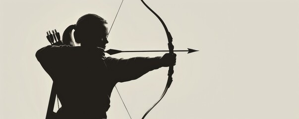 A stark silhouette of an archer drawing a bow with an arrow against a white background, depicting focus.