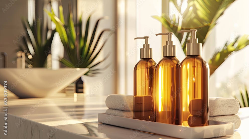 Aufkleber close-up of three amber bottles of shampoo and conditioner in a modern bathroom setting. generative 