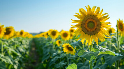 A picturesque view of a sunflower field at midday, with bright yellow flowers stretching towards a clear blue sky.