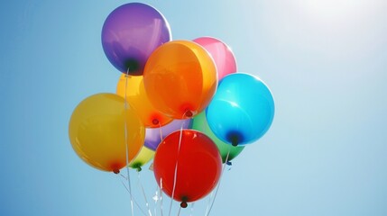 Rainbow-colored balloons floating against a clear blue sky at a pride festival