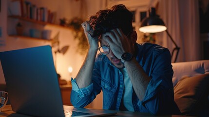 Exhausted male experiences eye fatigue while wearing glasses and rubbing irritated, dry eyes from prolonged computer use, causing headache and vision issues while working at home on a laptop.