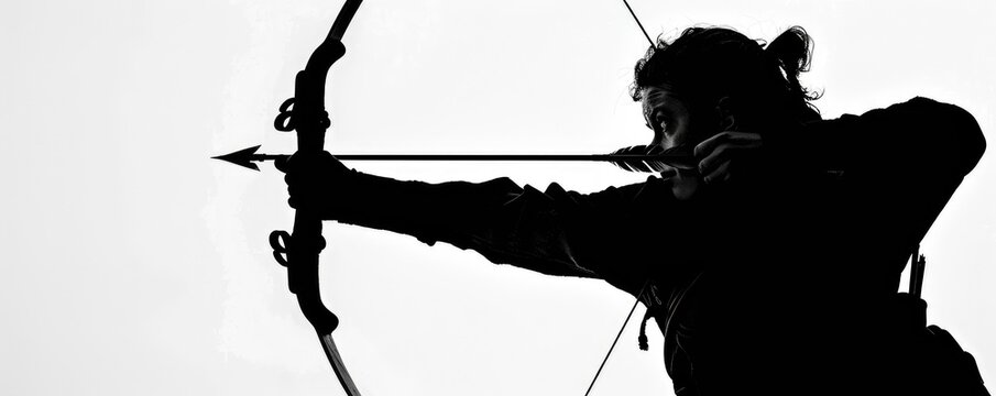 A stark silhouette of an archer drawing a bow with an arrow against a white background, depicting focus.