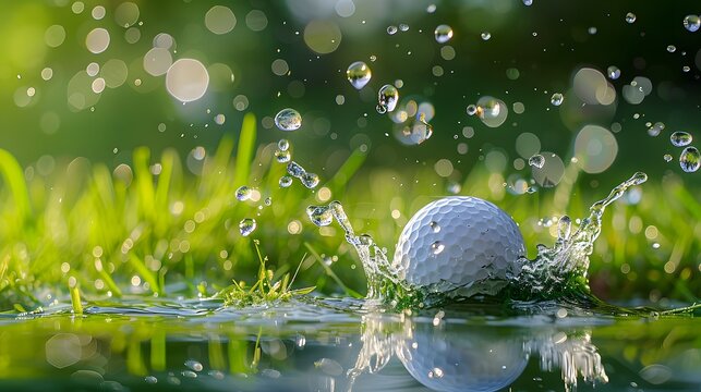 Golf ball splashes into grass