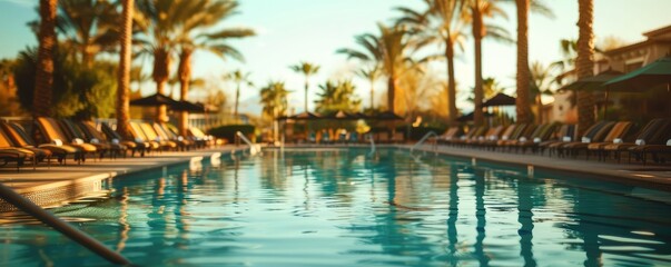 poolside scene at a luxurious tropical resort with rows of loungers under palm trees during sunset.