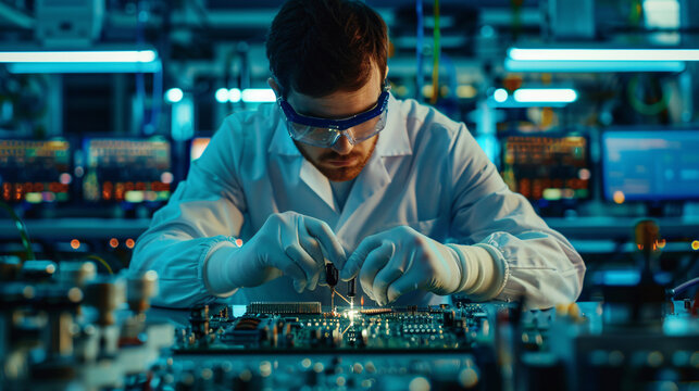 A man in a lab coat is working on a computer. He is wearing gloves and goggles. The scene is dark and the man is focused on his work