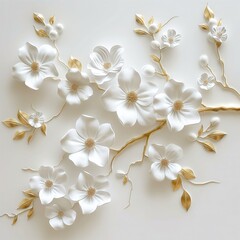 White flowers with golden leaves on white background. White and golden luxury 3d floral background