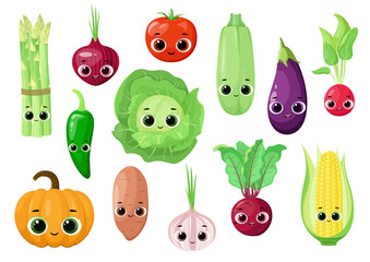 Set of funny vegetables on a white background. Cartoon style.