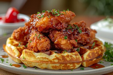 Chicken and Waffles - Fried chicken on top of a waffle with syrup.