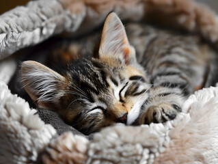 Adorable kitten peacefully napping in a soft bed, looking cozy and content in v6 style.