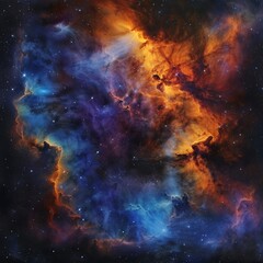 Obraz premium This image captures a stunning nebula with vibrant hues of blue, purple, and orange. The intricate patterns of gas and dust are illuminated by starlight, creating a mesmerizing cosmic tapestry.