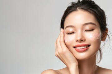 Portrait of beautiful young asian woman with clean fresh skin on white background, happy smile and hand touch face isolated over grey color backdrop. Beauty treatment concept.